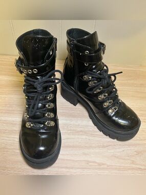 Jeffrey Campbell Black Patent Lace-Up Combat Boots with Buckle Strap